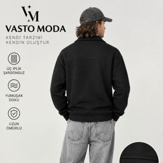 Vasto Moda Erkek Oversize Kalın Dokulu 3 İplik Şardonsuz Bisiklet Yakalı Basic Yarım Fermua