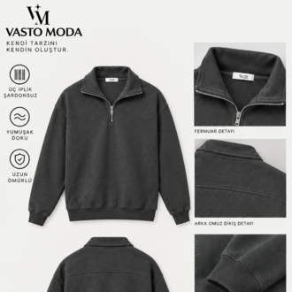 Vasto Moda Erkek Oversize Kalın Dokulu 3 İplik Şardonsuz Bisiklet Yakalı Basic Yarım Fermua