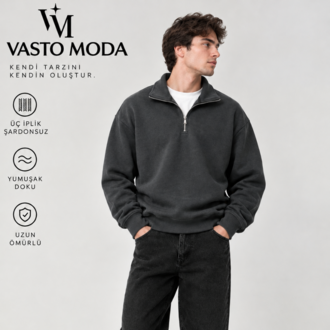 Vasto Moda Erkek Oversize Kalın Dokulu 3 İplik Şardonsuz Bisiklet Yakalı Basic Yarım Fermua