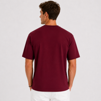 Erkek Oversize Kalın Dokulu %100 Organik Pamuk Bisiklet Ribana Yakalı Bordo T-Shirt