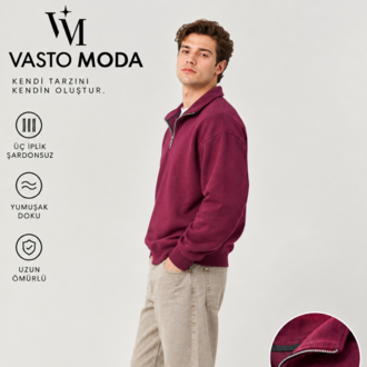 Vasto Moda Erkek Oversize Kalın Dokulu 3 İplik Şardonsuz Bisiklet Yakalı Basic Yarım Fermua