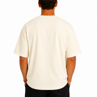 Erkek Oversize Kalın Dokulu %100 Organik Pamuk Bisiklet Ribana Yakalı Ekru T-Shirt