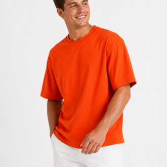 Erkek Oversize Kalın Dokulu %100 Organik Pamuk Bisiklet Ribana Yakalı Turuncu T-Shirt