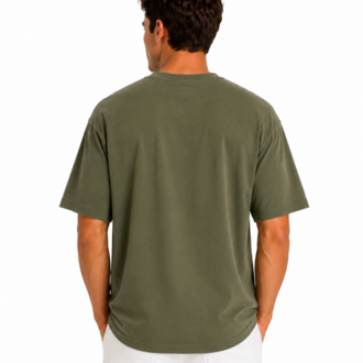 Erkek Tam Oversize Kalıp Kalın Dokulu %100 Organik Pamuk Bisiklet Ribana Yakalı Haki T-Shirt