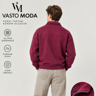Vasto Moda Erkek Oversize Kalın Dokulu 3 İplik Şardonsuz Bisiklet Yakalı Basic Yarım Fermua