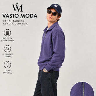 Vasto Moda Erkek Oversize Kalın Dokulu 3 İplik Şardonsuz Bisiklet Yakalı Basic Yarım Fermua