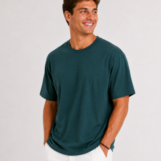 Erkek Tam Oversize Kalıp Kalın %100 Pamuk Bisiklet Ribana Yakalı Petrol Yeşili T-Shirt