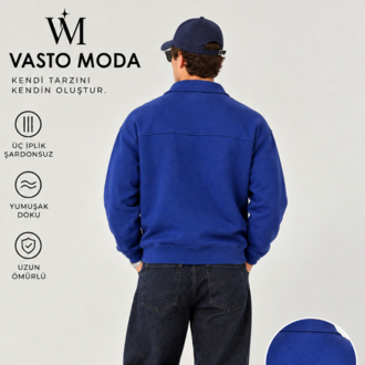 Vasto Moda Erkek Oversize Kalın Dokulu 3 İplik Şardonsuz Bisiklet Yakalı Basic Yarım Fermua