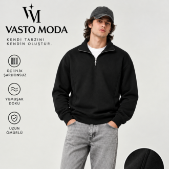 Vasto Moda Erkek Oversize Kalın Dokulu 3 İplik Şardonsuz Bisiklet Yakalı Basic Yarım Fermua