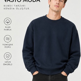 Erkek Oversize Kalın Dokulu 3 İplik Şardonsuz Bisiklet Yakalı Basic Lacivert Sweatshirt