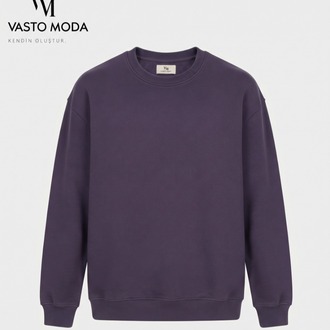 Erkek Oversize Kalın Dokulu 3 İplik Şardonsuz Ribanalı Bisiklet Yakalı Basic Mor Sweatshirt