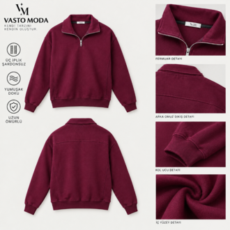 Vasto Moda Erkek Oversize Kalın Dokulu 3 İplik Şardonsuz Bisiklet Yakalı Basic Yarım Fermua
