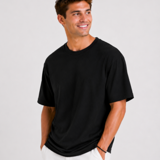 Erkek Oversize Kalın Dokulu %100 Organik Pamuk Bisiklet Ribana Yakalı Siyah T-Shirt