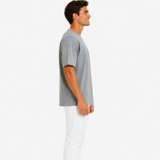 Erkek Tam Oversize Kalıp Kalın Dokulu %100 Pamuk Bisiklet Ribana Yakalı Açık Gri T-Shirt