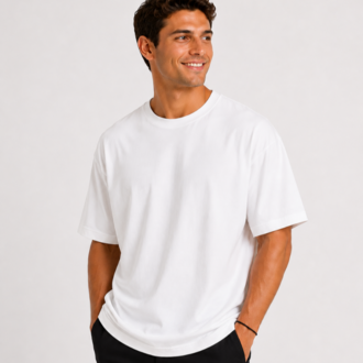 Erkek Oversize Kalın Dokulu %100 Organik Pamuk Bisiklet Ribana Yakalı Beyaz T-Shirt