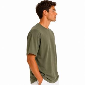 Erkek Tam Oversize Kalıp Kalın Dokulu %100 Organik Pamuk Bisiklet Ribana Yakalı Haki T-Shirt