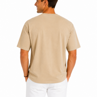 Erkek Tam Oversize Kalıp Kalın Dokulu %100 Organik Pamuk Bisiklet Ribana Yakalı Bej T-Shirt