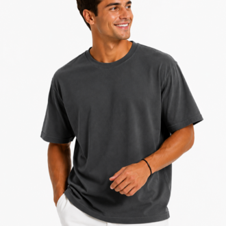 Erkek Tam Oversize Kalıp Kalın Dokulu %100 Organik Pamuk Bisiklet Ribana Yakalı Füme T-Shirt
