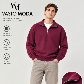 Vasto Moda Erkek Oversize Kalın Dokulu 3 İplik Şardonsuz Bisiklet Yakalı Basic Yarım Fermua