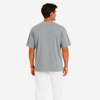 Erkek Tam Oversize Kalıp Kalın Dokulu %100 Pamuk Bisiklet Ribana Yakalı Açık Gri T-Shirt