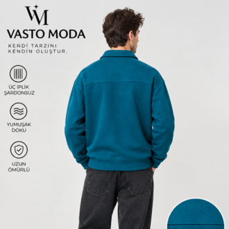 Vasto Moda Erkek Oversize Kalın Dokulu 3 İplik Kaşkorse Bisiklet Yakalı Basic Yarım Fermua