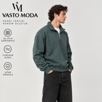 Vasto Moda Erkek Oversize Kalın Dokulu 3 İplik Şardonsuz Bisiklet Yakalı Basic Yarım Fermua