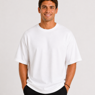 Erkek Oversize Kalın Dokulu %100 Organik Pamuk Bisiklet Ribana Yakalı Beyaz T-Shirt