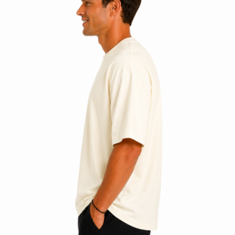 Erkek Oversize Kalın Dokulu %100 Organik Pamuk Bisiklet Ribana Yakalı Ekru T-Shirt