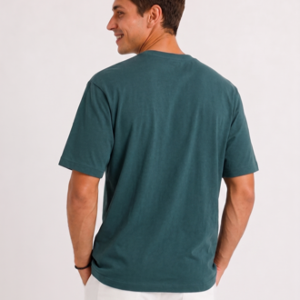Erkek Tam Oversize Kalıp Kalın %100 Pamuk Bisiklet Ribana Yakalı Petrol Yeşili T-Shirt