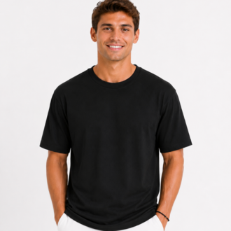Erkek Oversize Kalın Dokulu %100 Organik Pamuk Bisiklet Ribana Yakalı Siyah T-Shirt