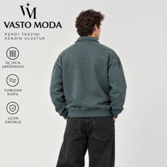 Vasto Moda Erkek Oversize Kalın Dokulu 3 İplik Şardonsuz Bisiklet Yakalı Basic Yarım Fermua