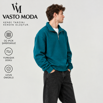 Vasto Moda Erkek Oversize Kalın Dokulu 3 İplik Kaşkorse Bisiklet Yakalı Basic Yarım Fermua