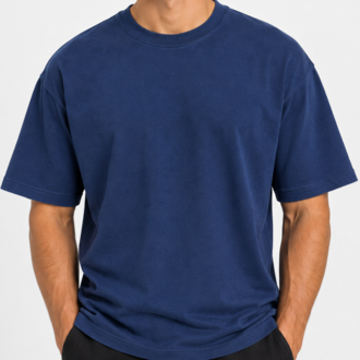 Erkek Oversize Kalın Dokulu %100 Organik Pamuk Bisiklet Ribana Yakalı Lacivert T-Shirt