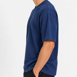 Erkek Oversize Kalın Dokulu %100 Organik Pamuk Bisiklet Ribana Yakalı Lacivert T-Shirt