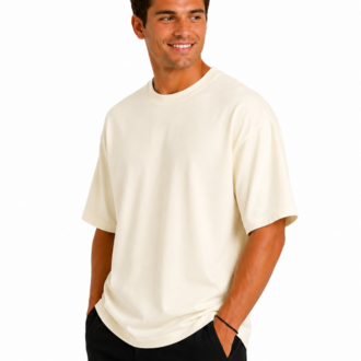 Erkek Oversize Kalın Dokulu %100 Organik Pamuk Bisiklet Ribana Yakalı Ekru T-Shirt