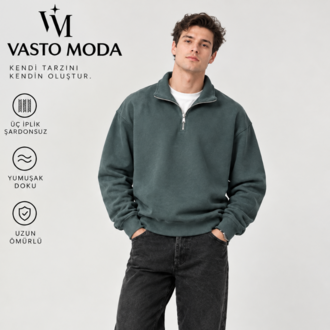 Vasto Moda Erkek Oversize Kalın Dokulu 3 İplik Şardonsuz Bisiklet Yakalı Basic Yarım Fermua
