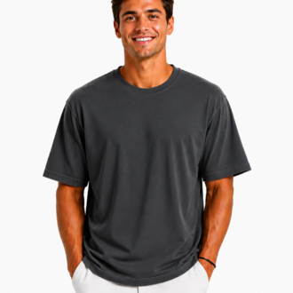 Erkek Tam Oversize Kalıp Kalın Dokulu %100 Organik Pamuk Bisiklet Ribana Yakalı Füme T-Shirt