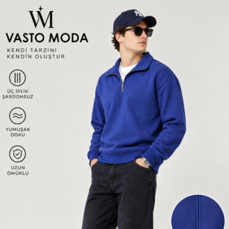 Vasto Moda Erkek Oversize Kalın Dokulu 3 İplik Şardonsuz Bisiklet Yakalı Basic Yarım Fermua