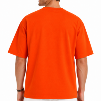 Erkek Oversize Kalın Dokulu %100 Organik Pamuk Bisiklet Ribana Yakalı Turuncu T-Shirt