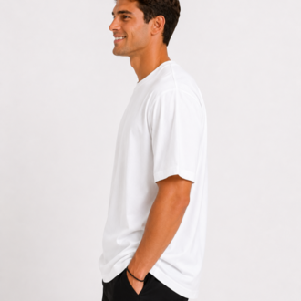 Erkek Oversize Kalın Dokulu %100 Organik Pamuk Bisiklet Ribana Yakalı Beyaz T-Shirt
