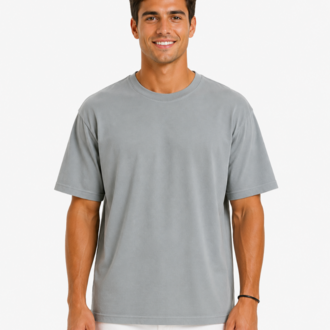 Erkek Tam Oversize Kalıp Kalın Dokulu %100 Pamuk Bisiklet Ribana Yakalı Açık Gri T-Shirt
