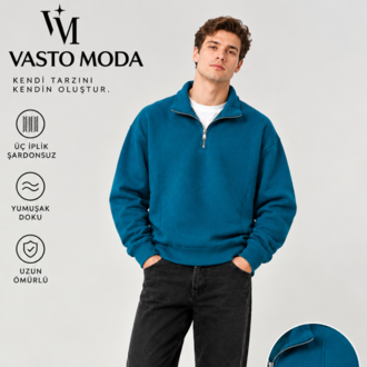Vasto Moda Erkek Oversize Kalın Dokulu 3 İplik Kaşkorse Bisiklet Yakalı Basic Yarım Fermua