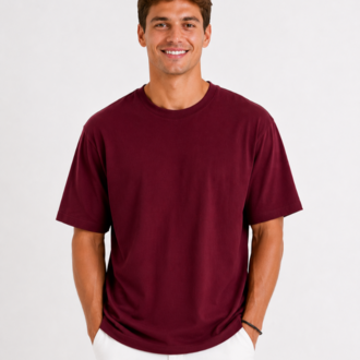 Erkek Oversize Kalın Dokulu %100 Organik Pamuk Bisiklet Ribana Yakalı Bordo T-Shirt