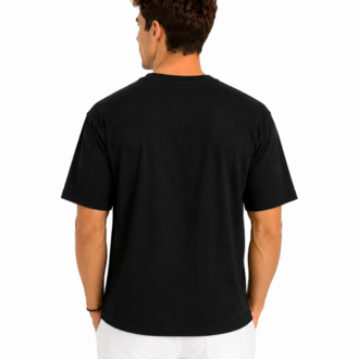 Erkek Oversize Kalın Dokulu %100 Organik Pamuk Bisiklet Ribana Yakalı Siyah T-Shirt