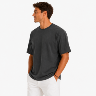 Erkek Tam Oversize Kalıp Kalın Dokulu %100 Organik Pamuk Bisiklet Ribana Yakalı Füme T-Shirt