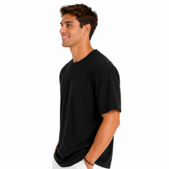 Erkek Oversize Kalın Dokulu %100 Organik Pamuk Bisiklet Ribana Yakalı Siyah T-Shirt