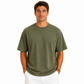 Erkek Tam Oversize Kalıp Kalın Dokulu %100 Organik Pamuk Bisiklet Ribana Yakalı Haki T-Shirt