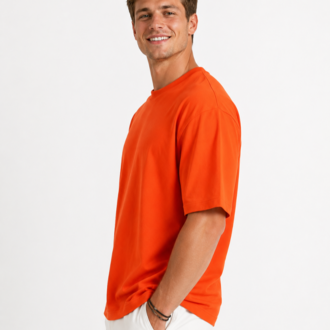 Erkek Oversize Kalın Dokulu %100 Organik Pamuk Bisiklet Ribana Yakalı Turuncu T-Shirt