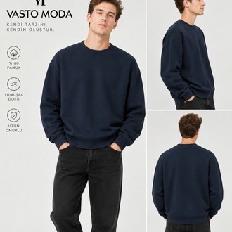 Erkek Oversize Kalın Dokulu 3 İplik Şardonsuz Bisiklet Yakalı Basic Lacivert Sweatshirt