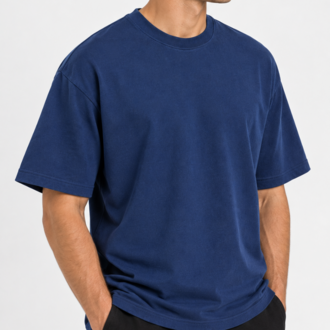 Erkek Oversize Kalın Dokulu %100 Organik Pamuk Bisiklet Ribana Yakalı Lacivert T-Shirt